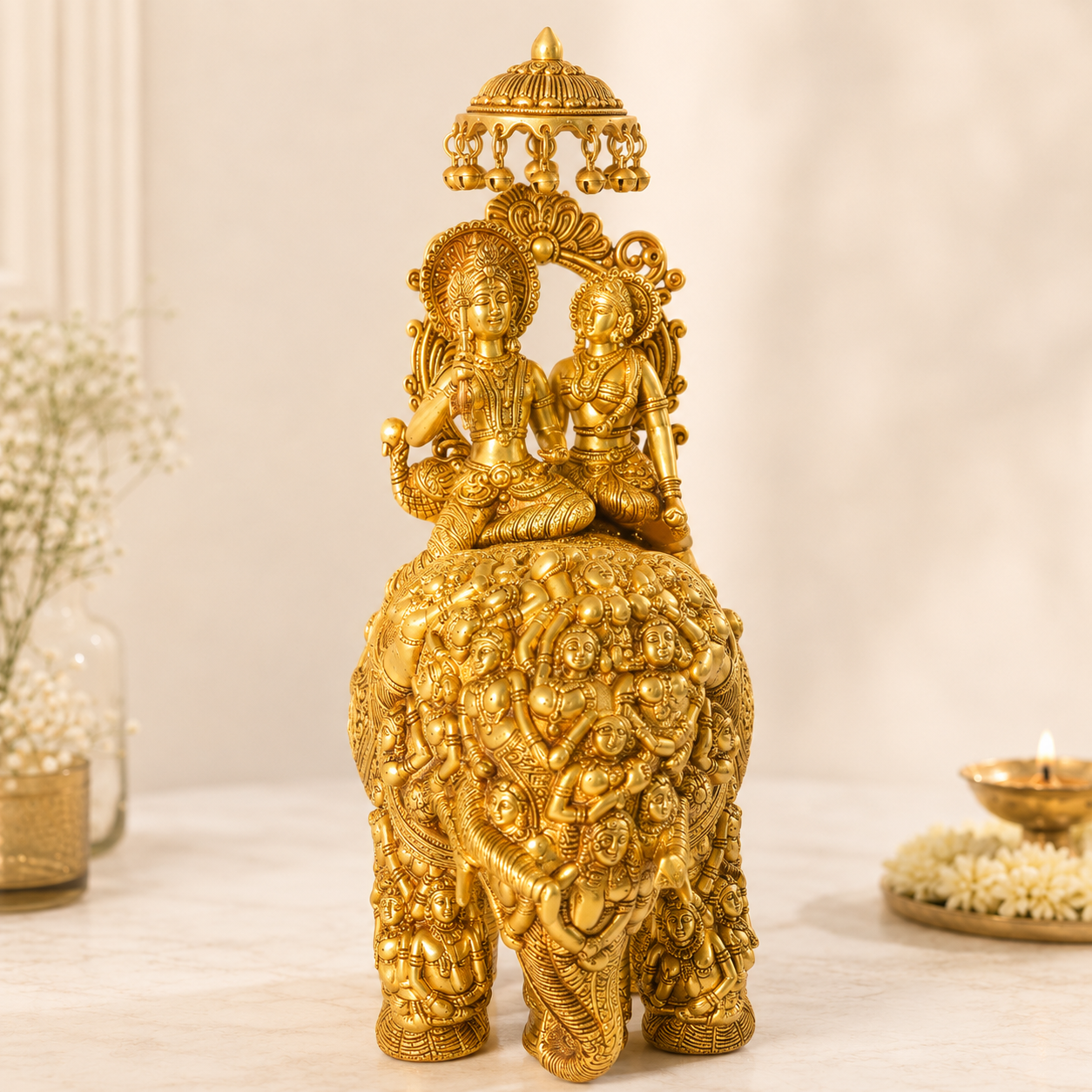 Brass Radha Krishna on Elephant Idol for Home Decor & Gifting - 22 inch