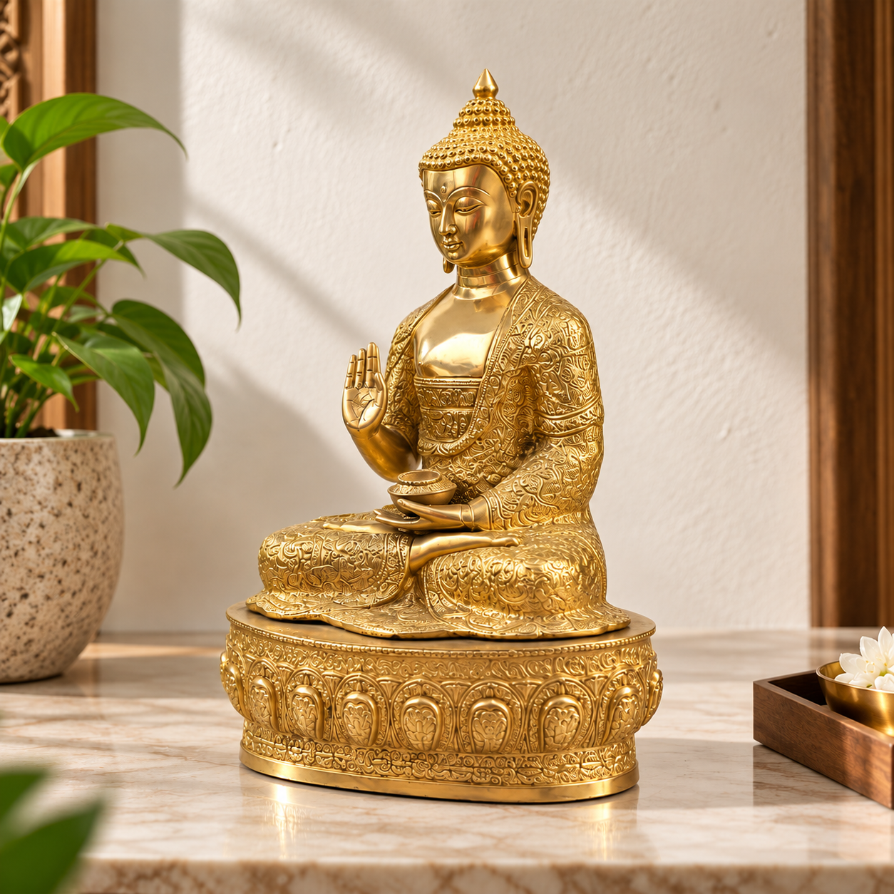 Ornate Brass Buddha Statue with Intricate Carved Pedestal- 20 inch