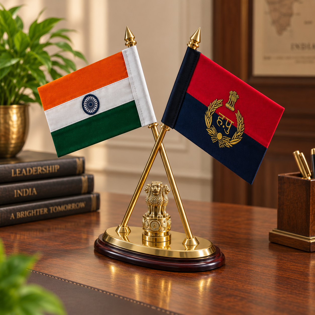 Premium Brass & Wooden Double Flag Desk Stand with Indian & Haryana Police Flags- 12 inch