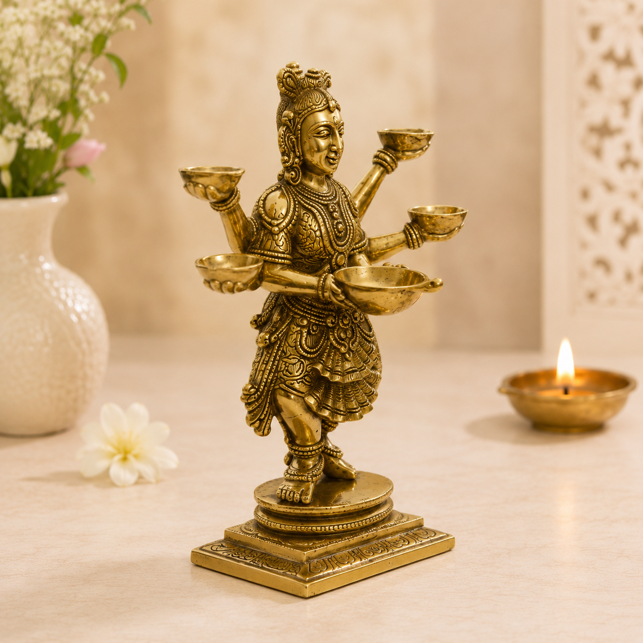 Brass Panch Aarti Lady Diya Showpiece- 14 inch
