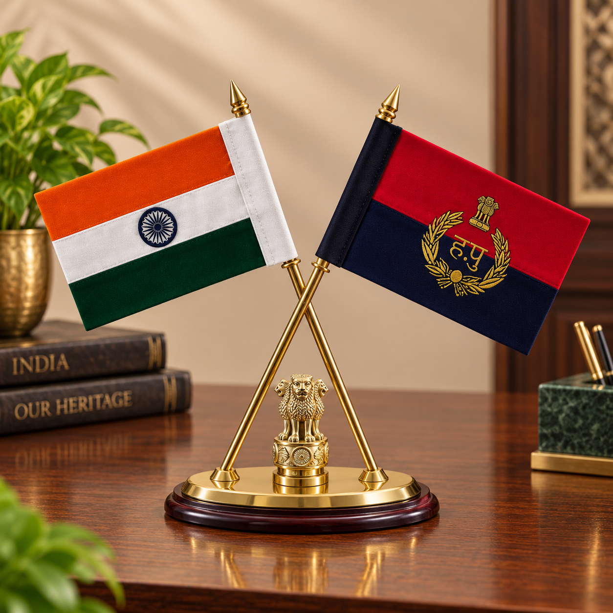 Premium Brass & Wooden Double Flag Desk Stand with Indian & Haryana Police Flags- 12 inch