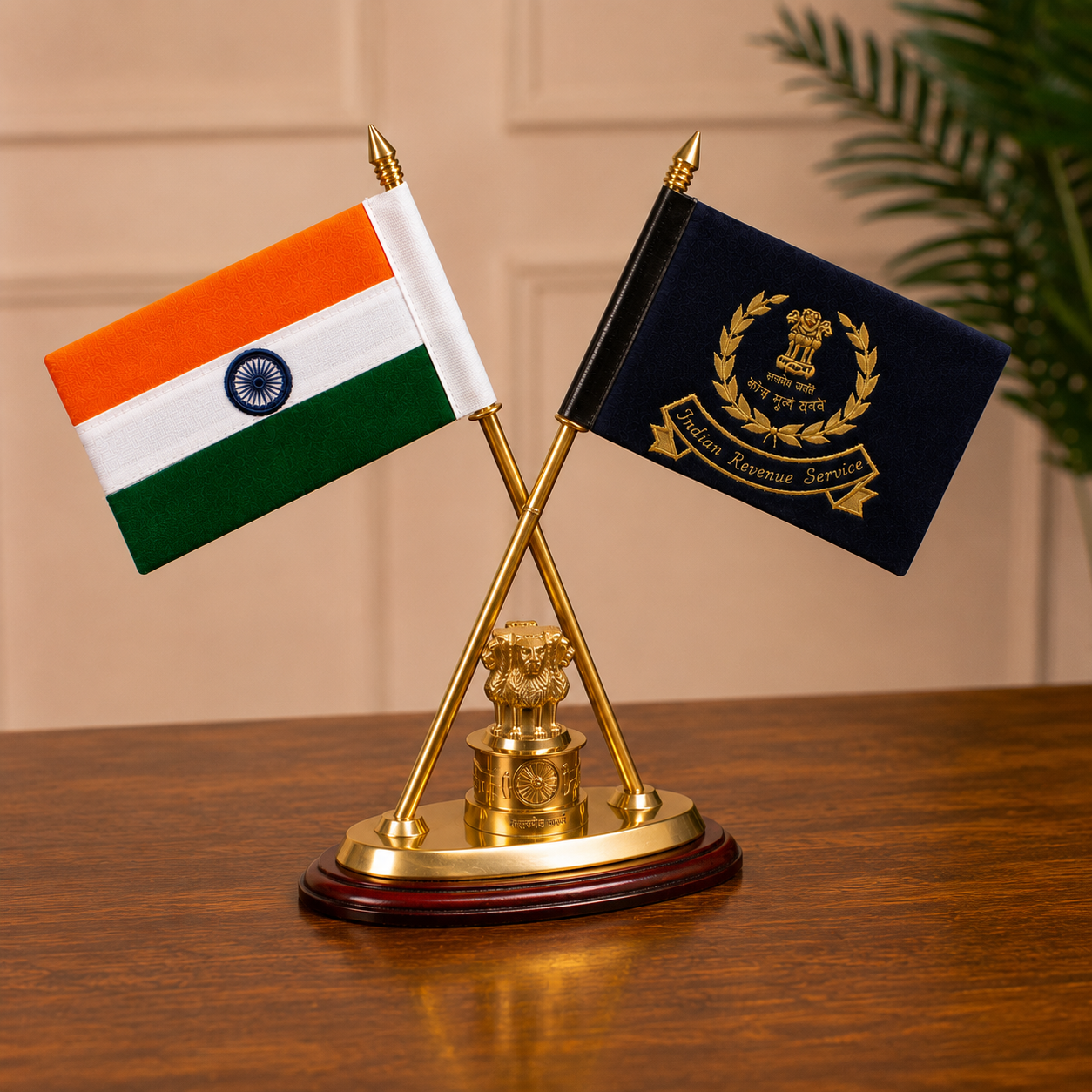 Brass Indian Revenue Service (IRS) & Indian National Flag Cross Table Stand with Brass Ashoka Emblem