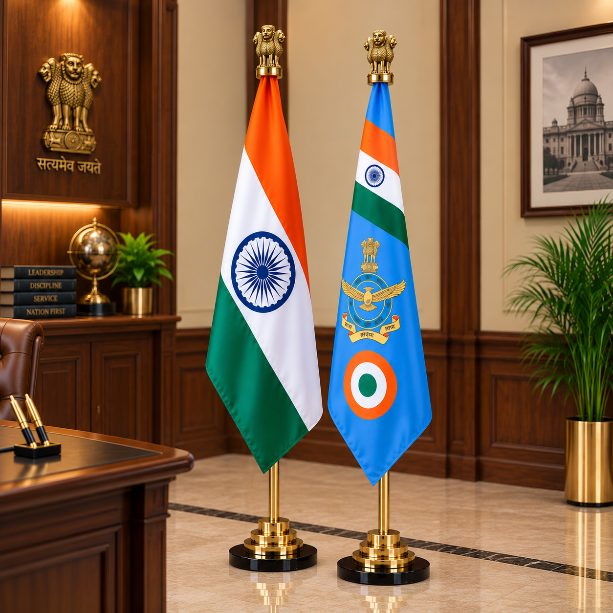 Premium Brass Indian Flag & Indian Air Force Flag Set- 7 ft