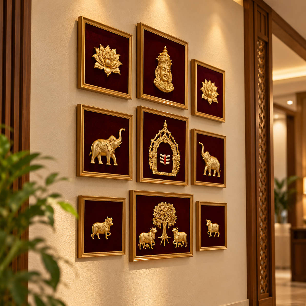 Antique Gold Brass Wall Frame Set of 9 | Traditional Indian Wall Decor