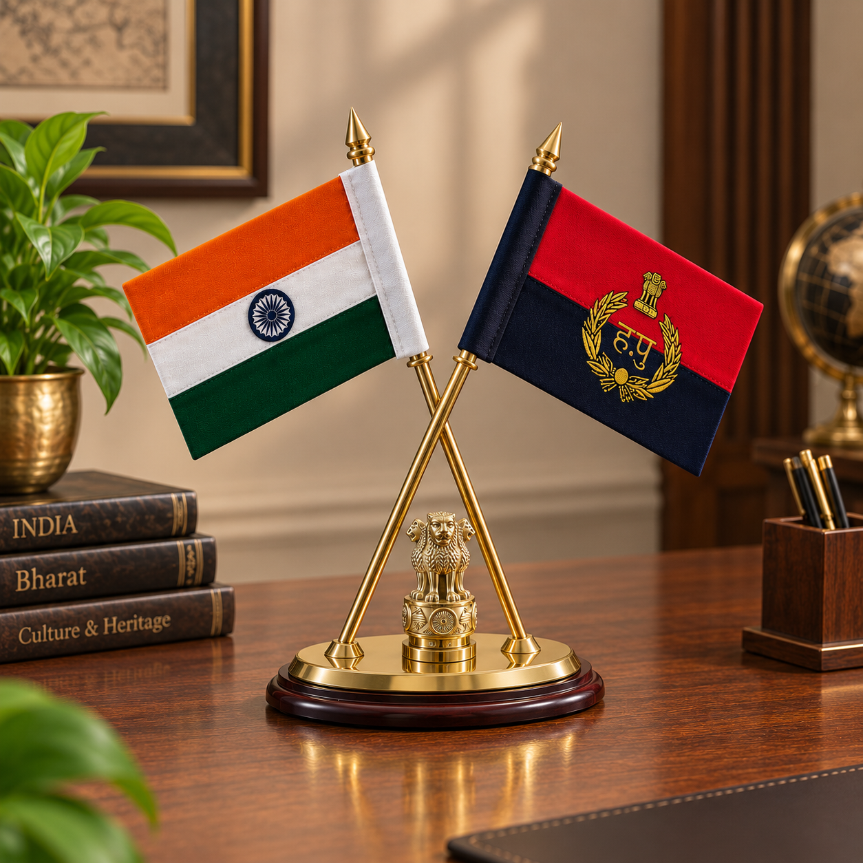 Premium Brass & Wooden Double Flag Desk Stand with Indian & Haryana Police Flags- 12 inch