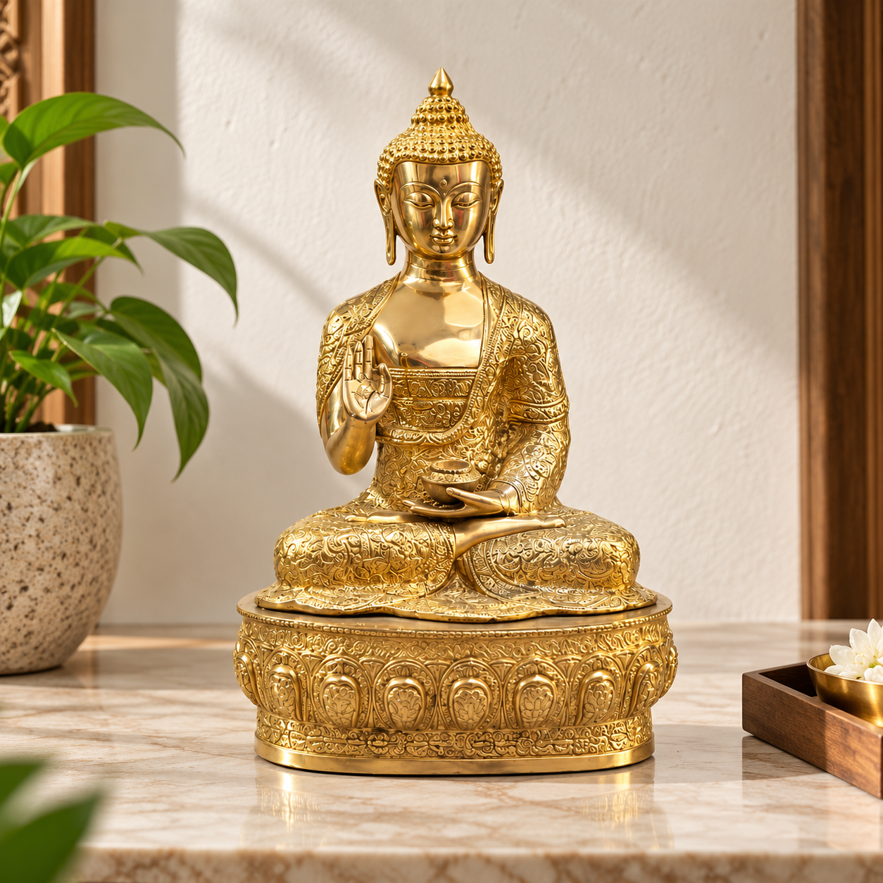 Ornate Brass Buddha Statue with Intricate Carved Pedestal- 20 inch