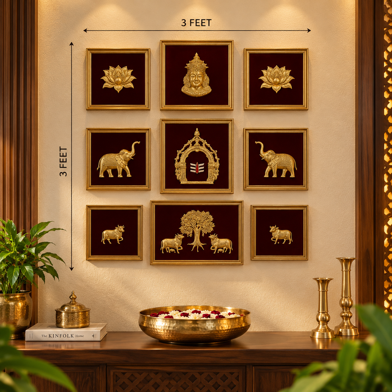 Antique Gold Brass Wall Frame Set of 9 | Traditional Indian Wall Decor