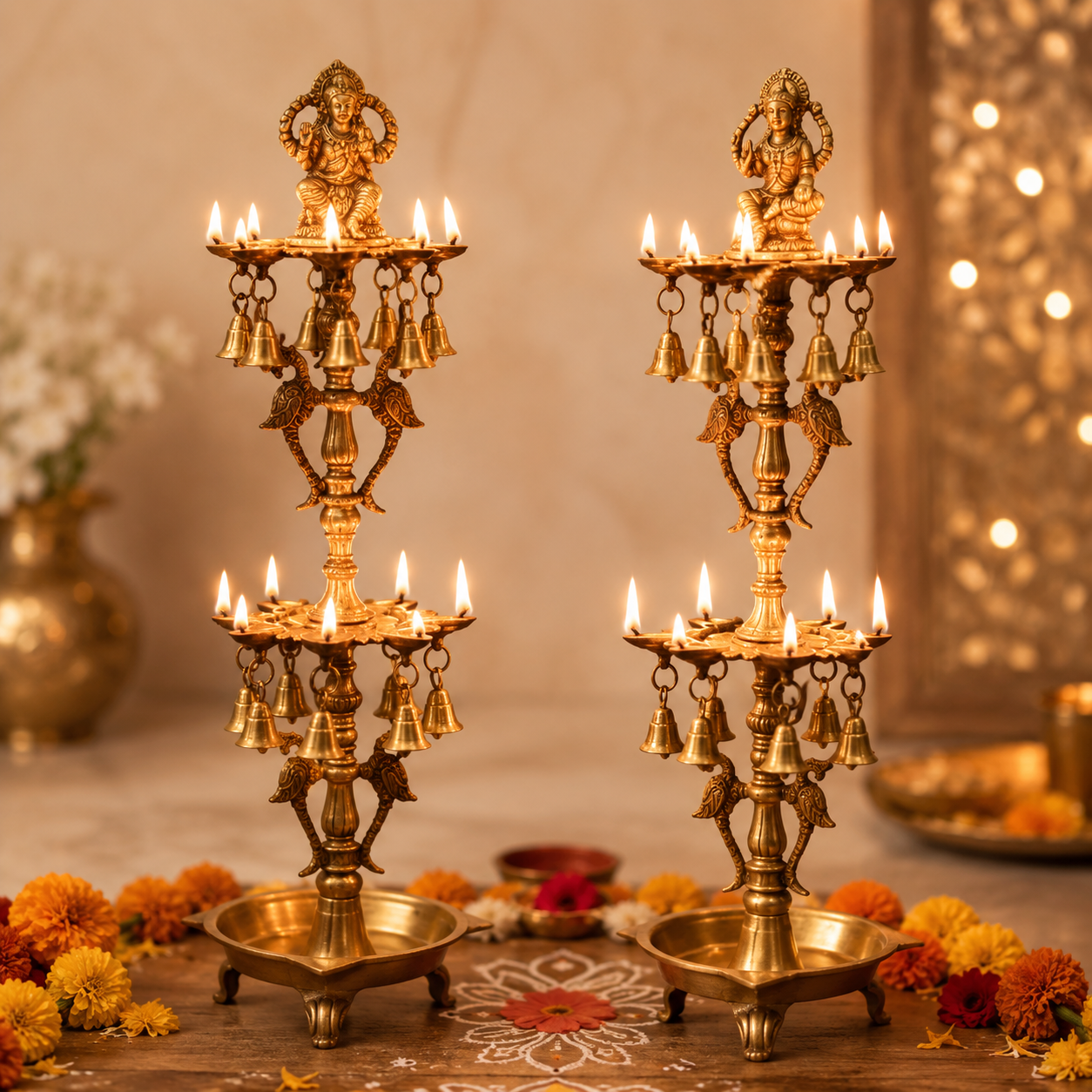 Traditional Brass Multi-Tier Diya Stand Pair- 28 inch