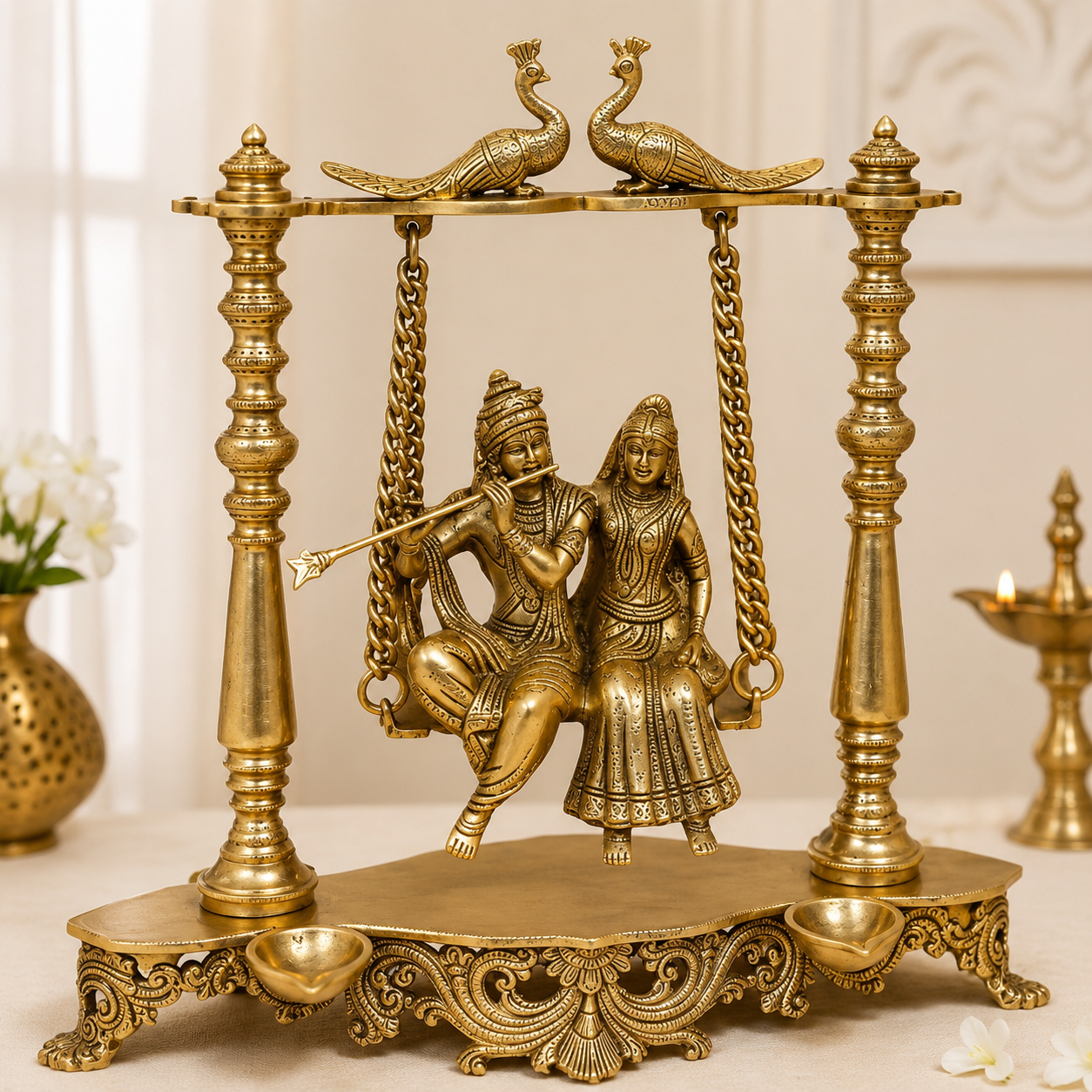 Brass Radha Krishna Jhula with Peacock Top & Diya Base for Home Decor and Mandir- 17 inch