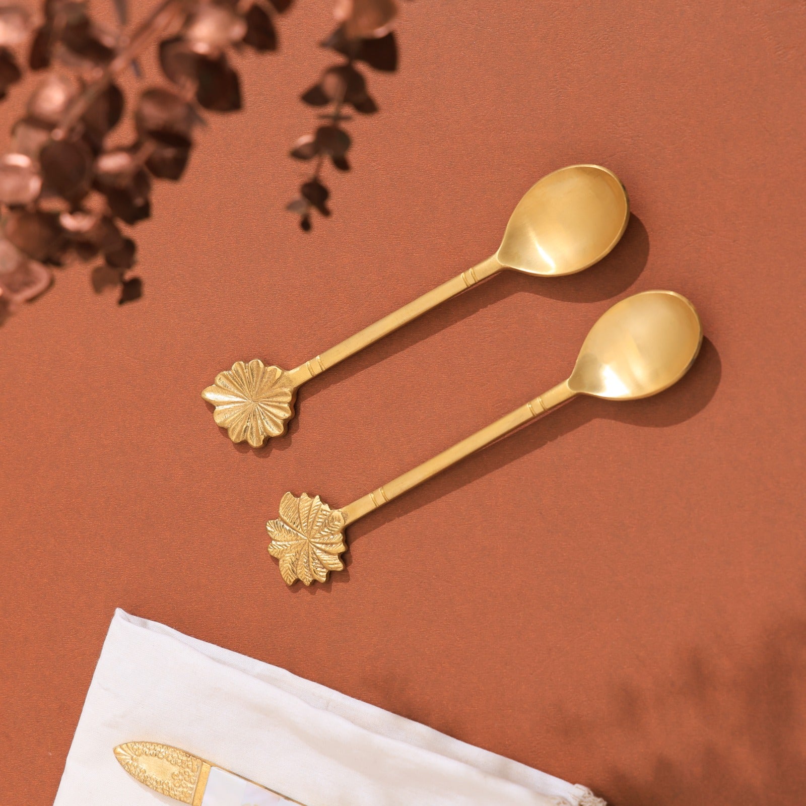 Handcrafted Brass Spoon Set with Leaf Motif Handle – Set of 2