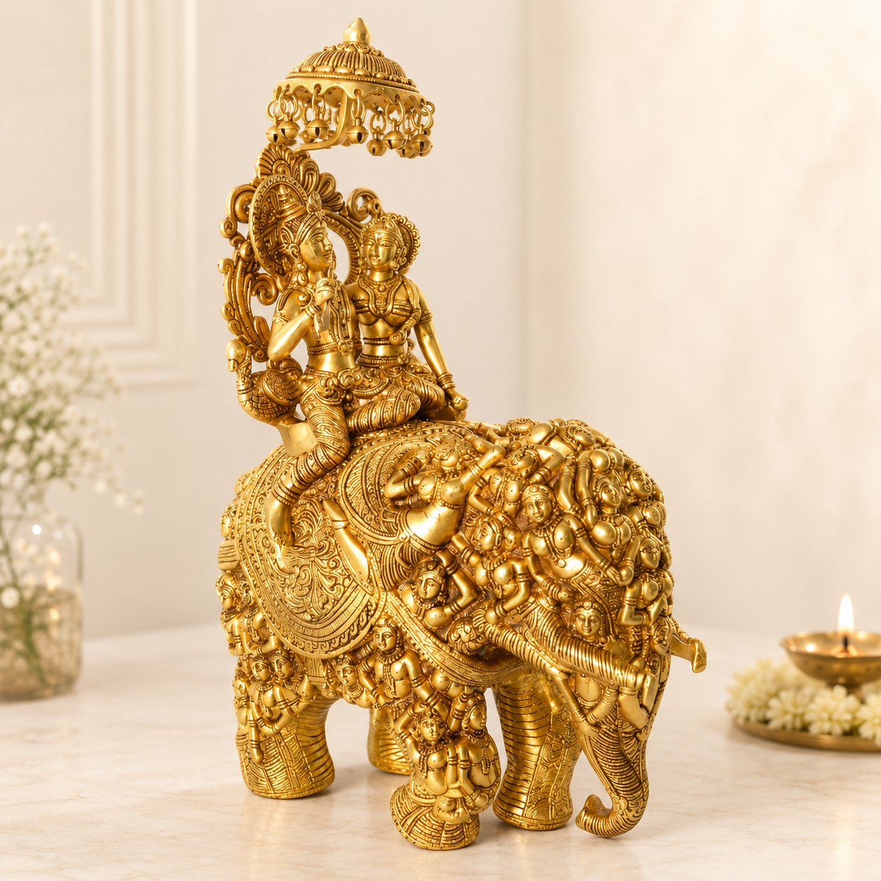 Brass Radha Krishna on Elephant Idol for Home Decor & Gifting - 22 inch