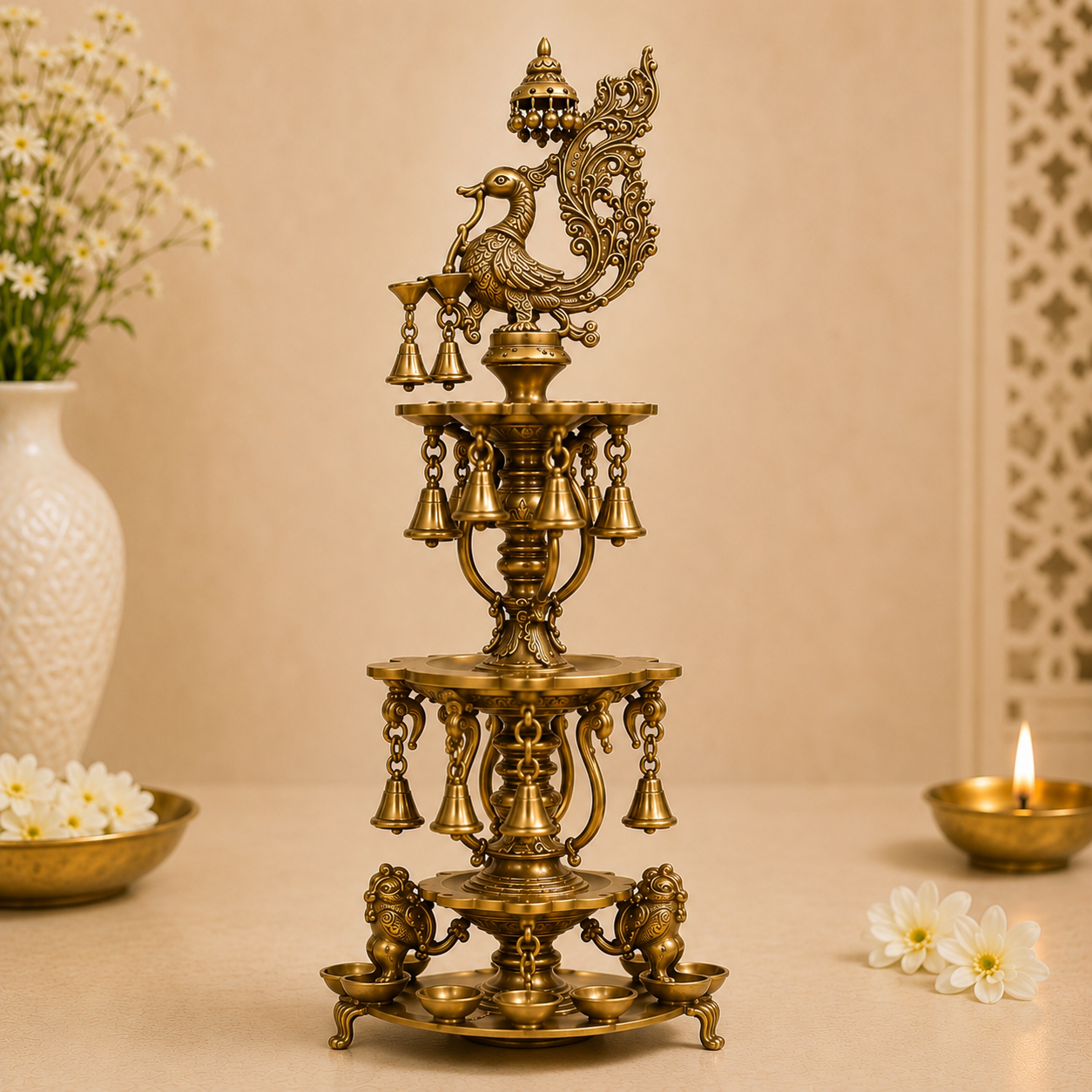 Brass Peacock Multi-Tier Diya Stand with Bells- 40 inch