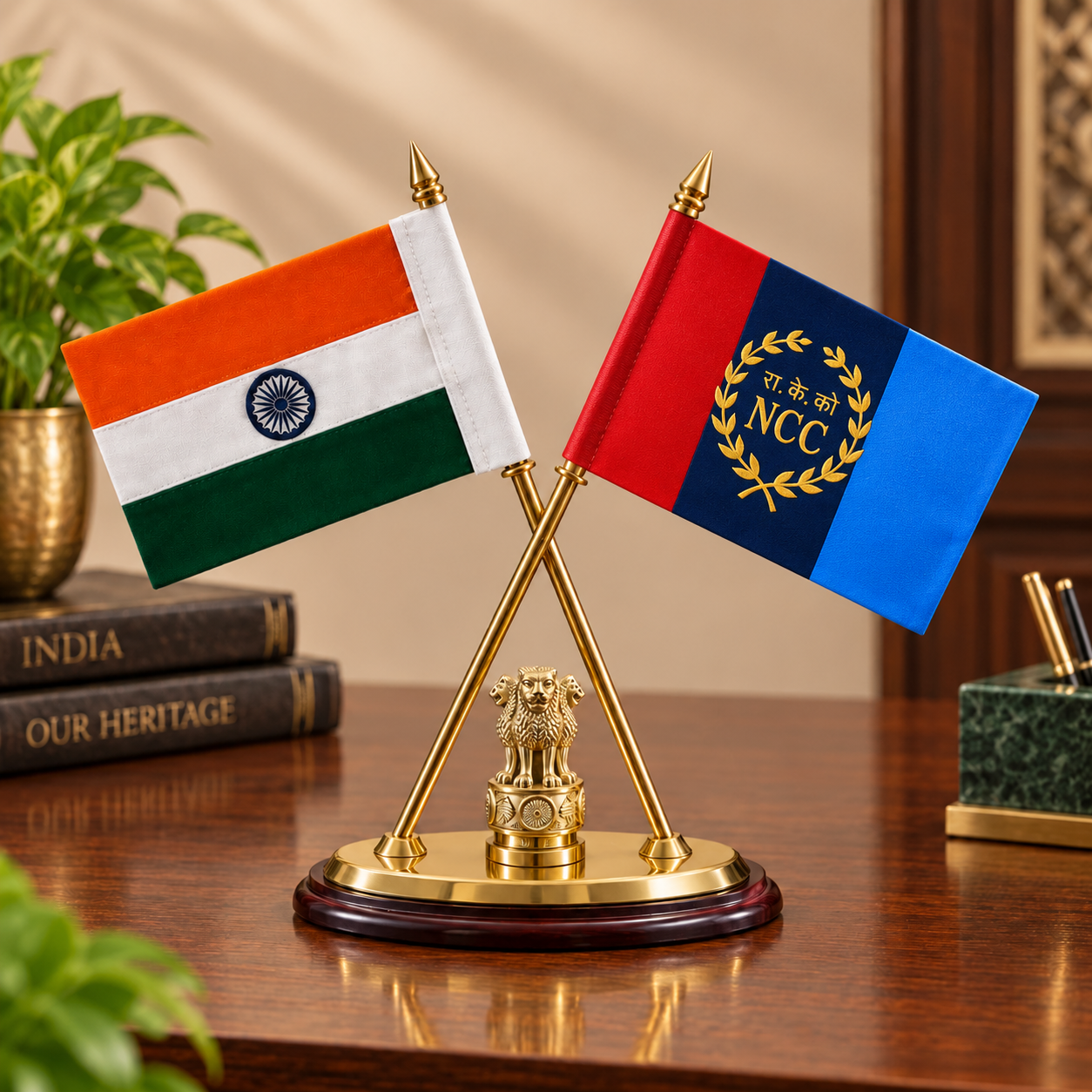 Premium Brass Indian & NCC Flag Table Top Stand – 12 inch