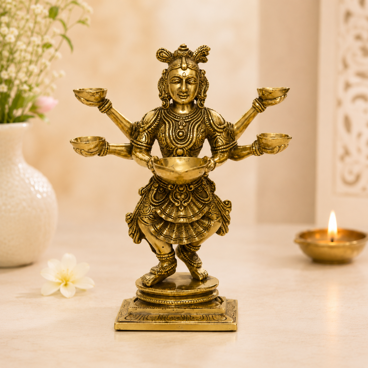 Brass Panch Aarti Lady Diya Showpiece- 14 inch