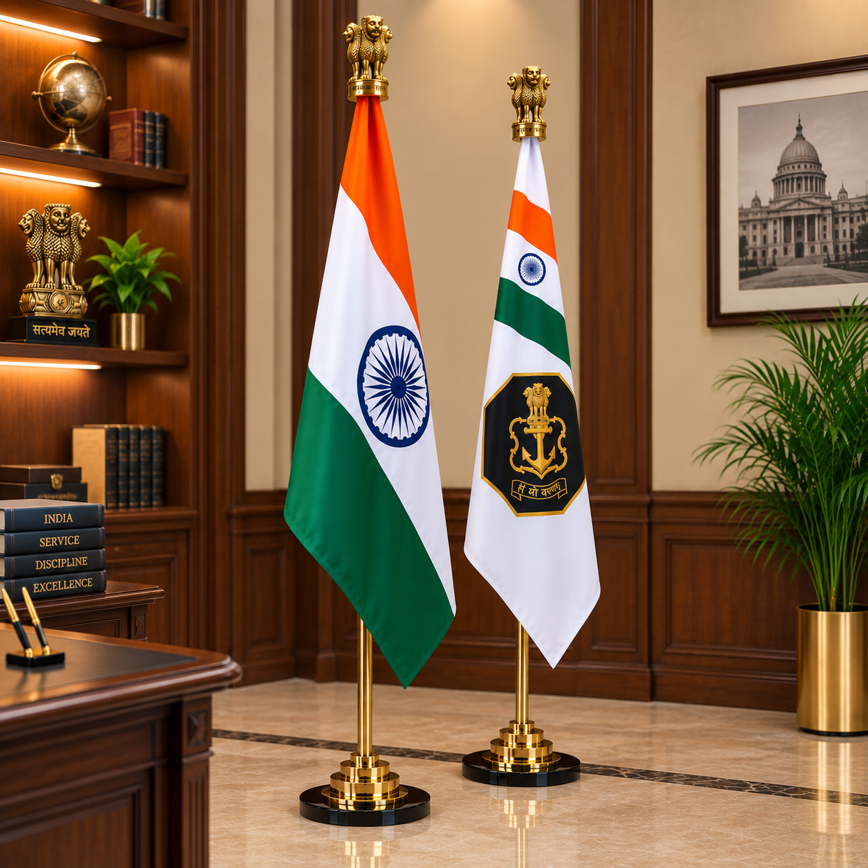 Premium Brass Indian Flag & Indian Navy Flag Set - 7 ft