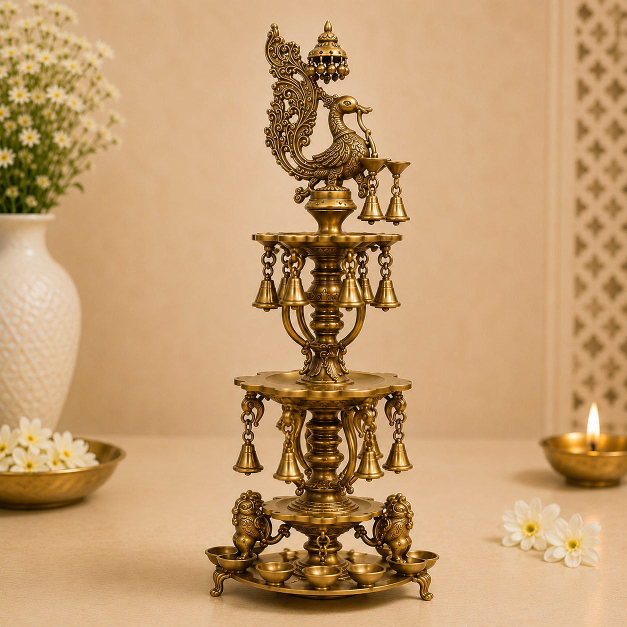 Brass Peacock Multi-Tier Diya Stand with Bells- 40 inch