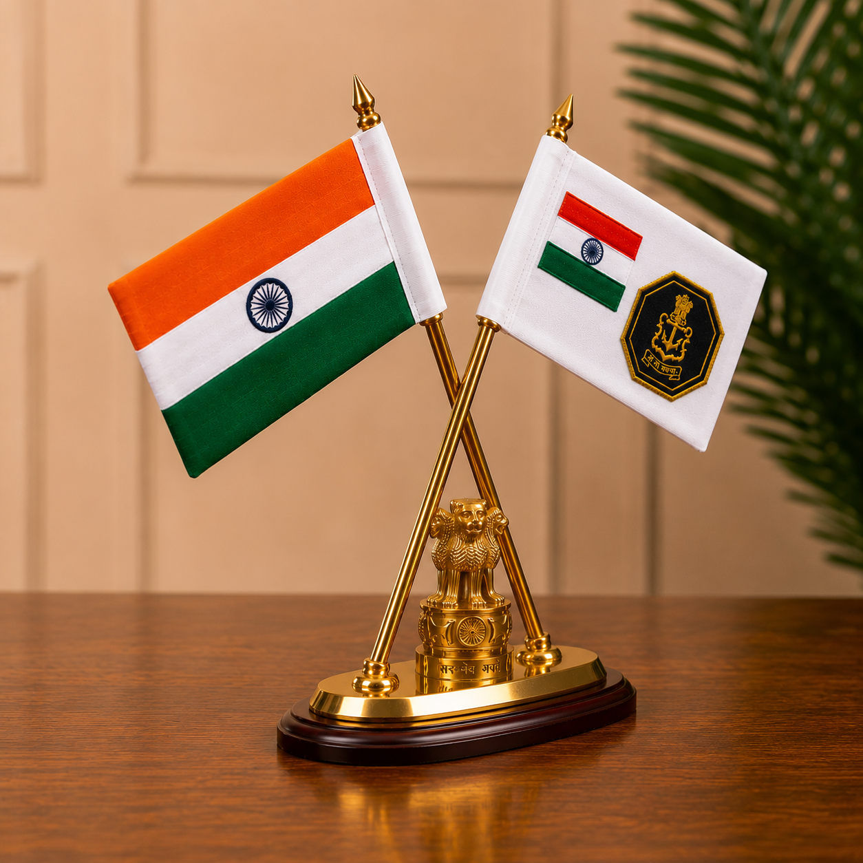 Premium Brass Crossed Indian & Indian Navy Flags with Ashoka Stambh- 12 inch