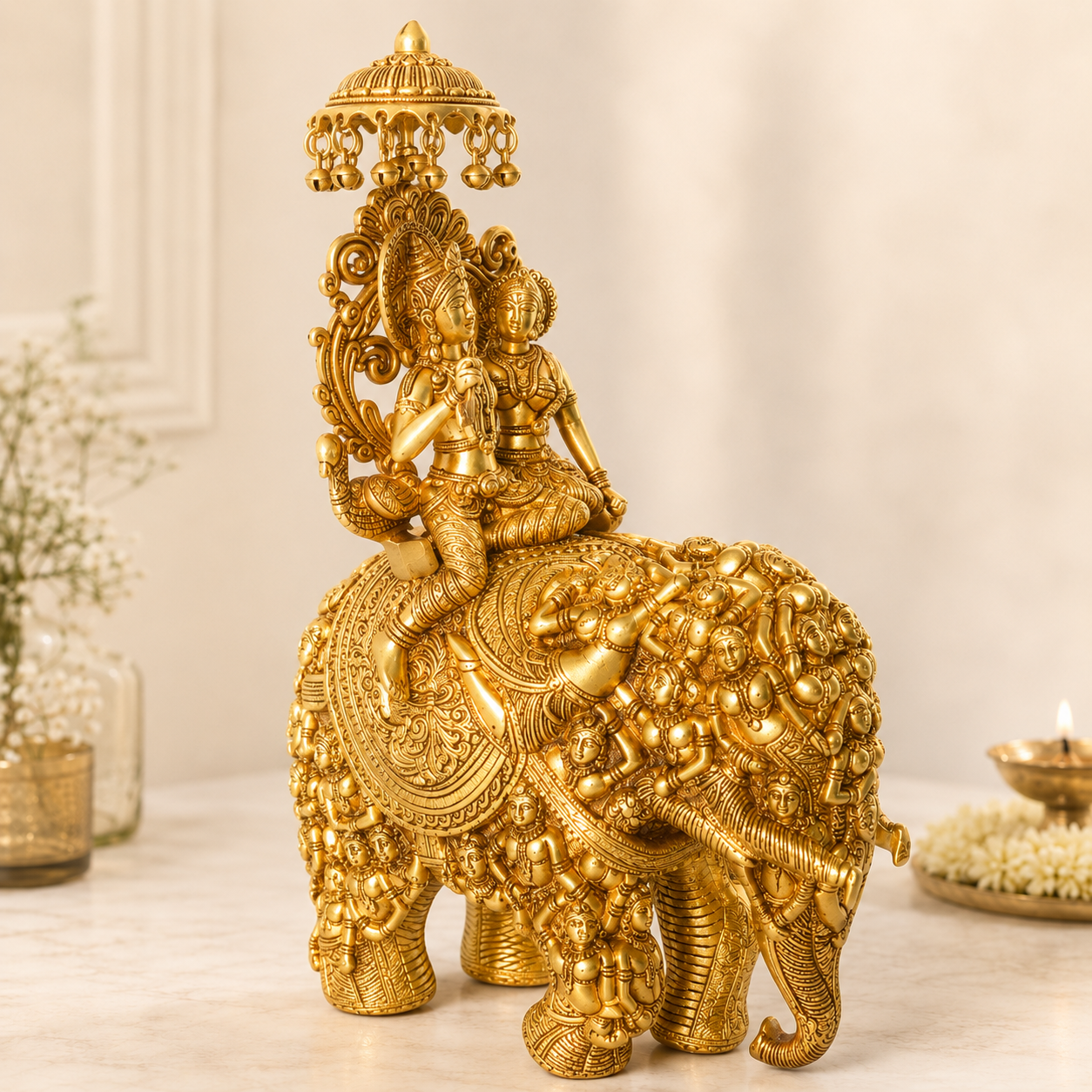 Brass Radha Krishna on Elephant Idol for Home Decor & Gifting - 22 inch