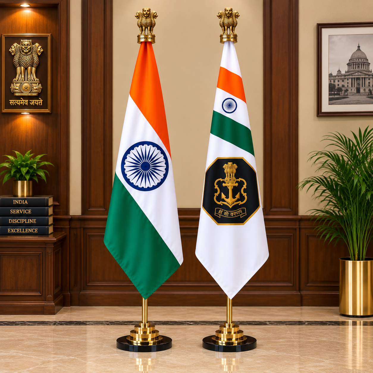 Premium Brass Indian Flag & Indian Navy Flag Set - 7 ft